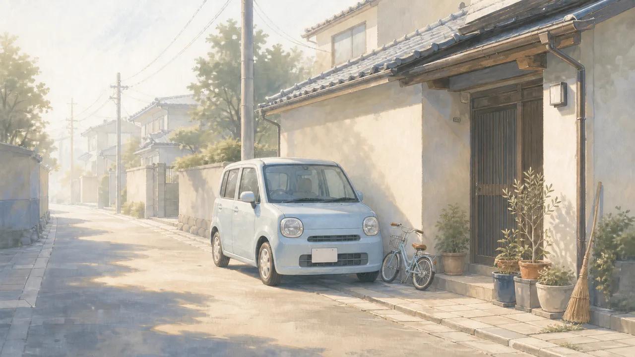 朝の住宅街。家の軒先に停まった小さな水色の軽自動車と、壁に立てかけた子ども用の自転車