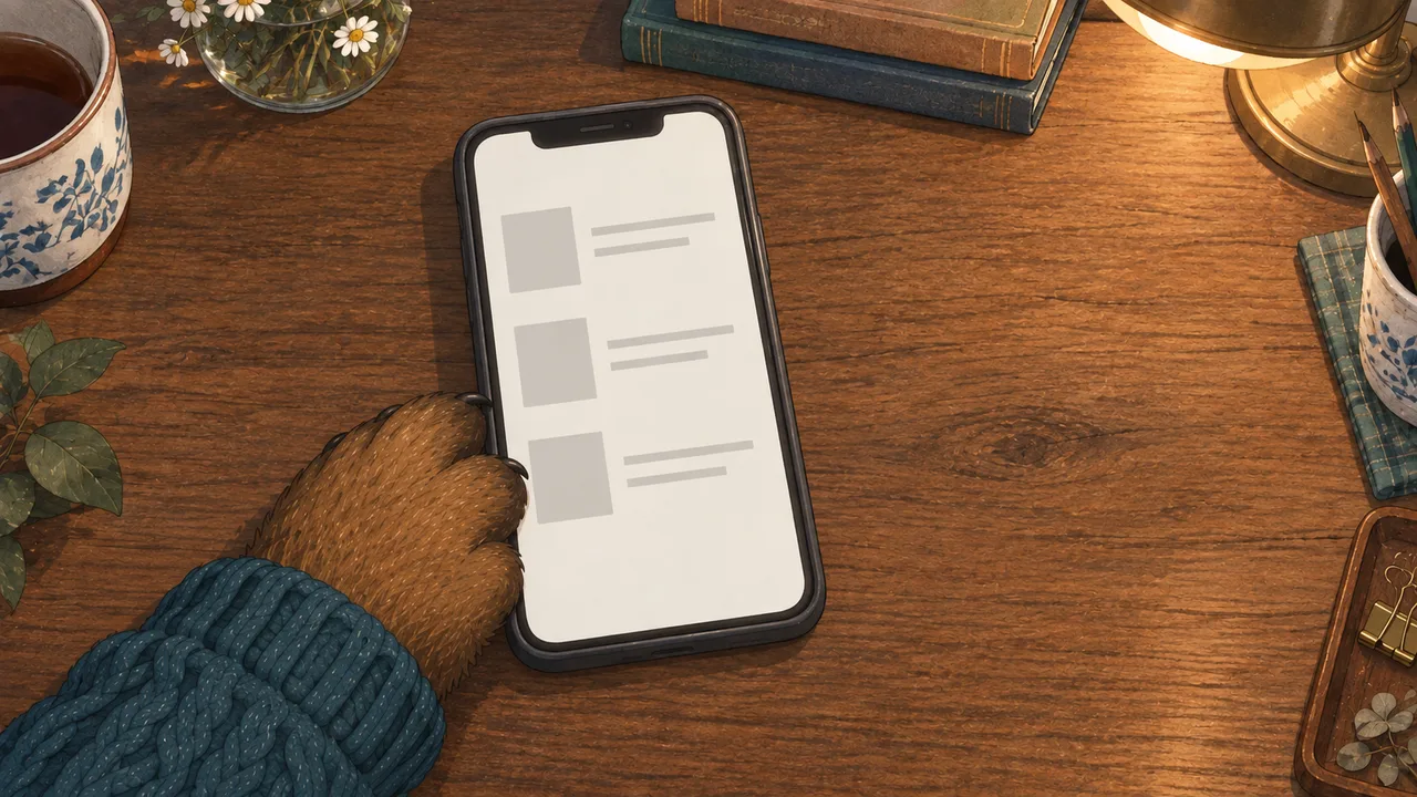 動画の場面。メモの一覧が開いたスマホに手を添える、らんたんの手元