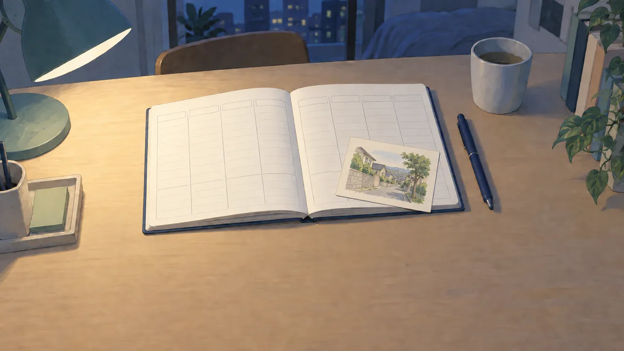 動画の場面。翌週の日曜の夜、同じ予定帳の上に、坂道と木を描いた小さな絵が一枚のっている