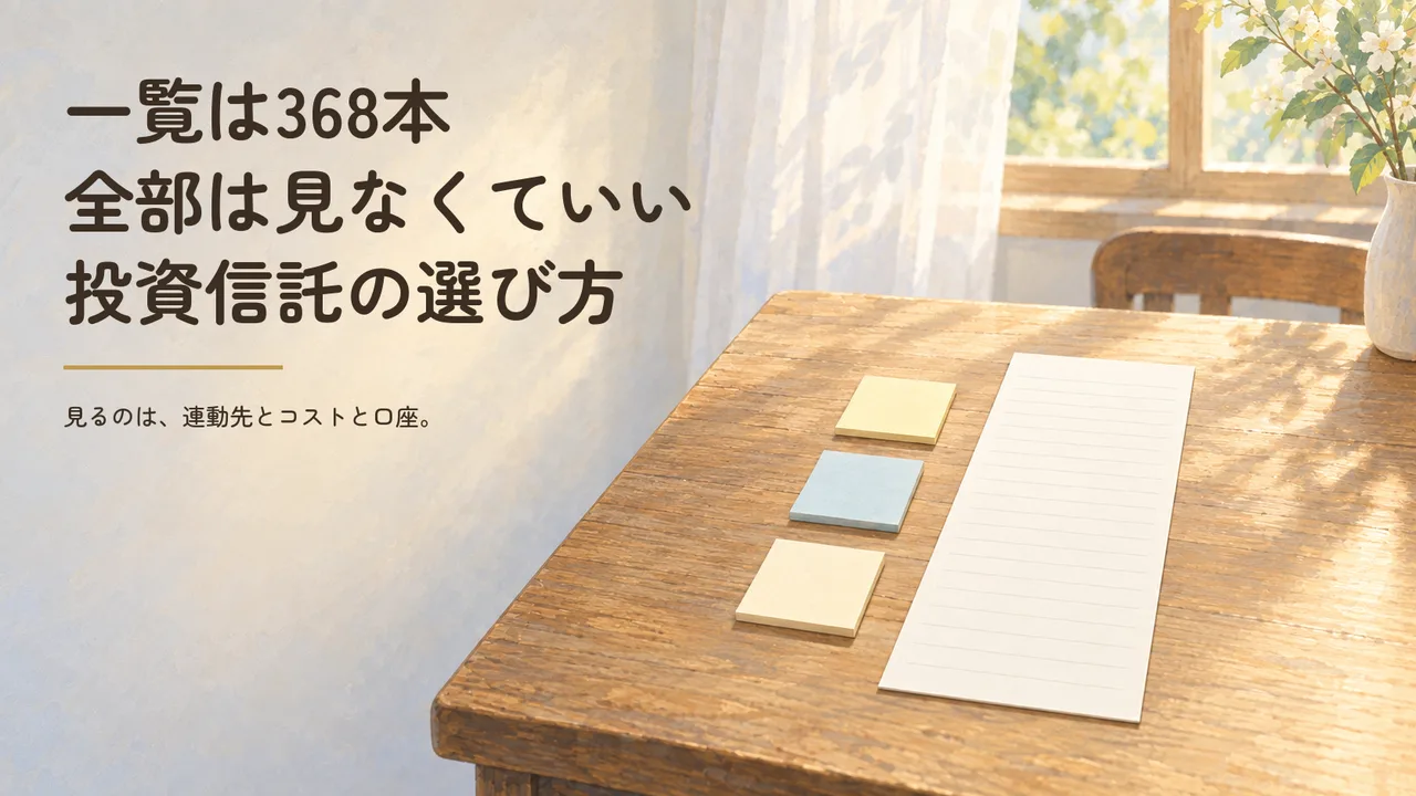 「投資信託の選び方。368本を、連動先とコストと口座で絞る」のアイキャッチ